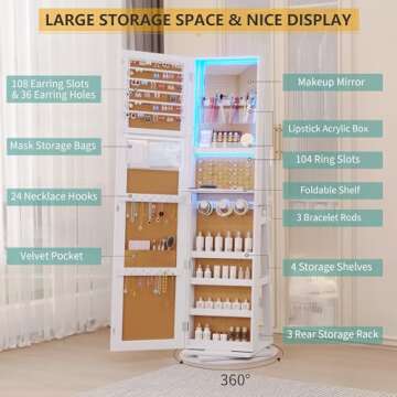 Vlsrka LED Jewelry Armoire with Full Length Mirror 360° Rotating, Mirror Jewelry Cabinet Large Stan...