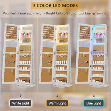 Vlsrka LED Jewelry Armoire with Full Length Mirror 360° Rotating, Mirror Jewelry Cabinet Large Standing Lockable Mirror Jewelry Organizer with Inner Makeup Mirror & Soft Velvet for Living Room Bedroom