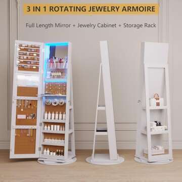 Vlsrka LED Jewelry Armoire with Full Length Mirror 360° Rotating, Mirror Jewelry Cabinet Large Standing Lockable Mirror Jewelry Organizer with Inner Makeup Mirror & Soft Velvet for Living Room Bedroom