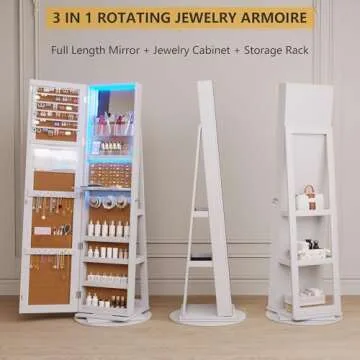 Vlsrka LED Jewelry Armoire with Full Length Mirror 360° Rotating, Mirror Jewelry Cabinet Large Standing Lockable Mirror Jewelry Organizer with Inner Makeup Mirror & Soft Velvet for Living Room Bedroom