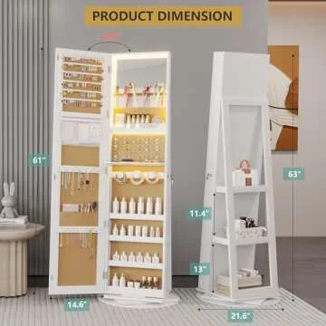 Vlsrka LED Jewelry Armoire with Full Length Mirror 360° Rotating, Mirror Jewelry Cabinet Large Standing Lockable Mirror Jewelry Organizer with Inner Makeup Mirror & Soft Velvet for Living Room Bedroom