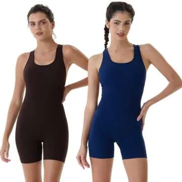 AUROLA Power Romper for Women Workout Yoga Gym Seamless One Piece Racerback Jumpsuit Tummy Control Padded Sports Bra,M