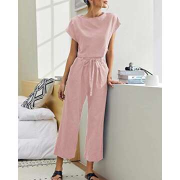 Eurivicy Women's 2 Piece Outfits Casual Short Sleeve Crop Top and Pocketed Wide Leg Pants with Belt ...