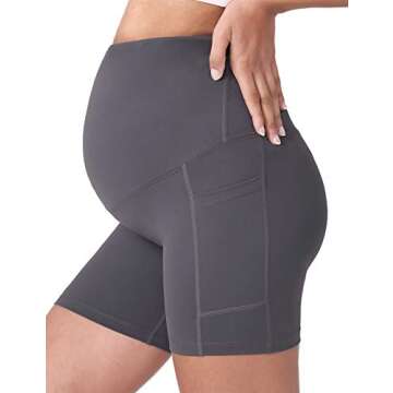 POSHDIVAH 2 Pcs Black Grey Women's Maternity Yoga Shorts Over The Belly Bump