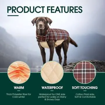 Kuoser Warm Dog Coat, Reversible Waterproof Winter British Style Plaid Dog Clothes Pet Cold Weather Coats Cozy Snow Jacket Vest for Small Medium Large Dogs Brown XS