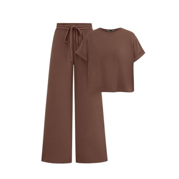 PRETTYGARDEN Women's Summer 2 Piece Knit Loungewear Short Sleeve T-Shirts Wide Leg Pants Tracksuit C...