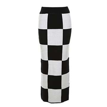 SHIPPOOOU Women High Waist Plaid Elastic Long Skirts Side Split Knit Bodycon Midi Skirt