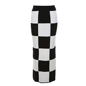 SHIPPOOOU Women High Waist Plaid Elastic Long Skirts Side Split Knit Bodycon Midi Skirt