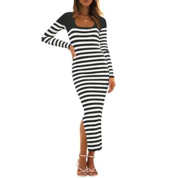 MEROKEETY Women's Fall Long Sleeve Striped Sweater Dress Bodycon Square Neck Ribbed Knit Slit Midi D...