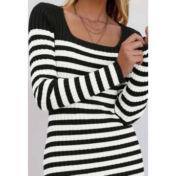 MEROKEETY Women's Fall Long Sleeve Striped Sweater Dress Bodycon Square Neck Ribbed Knit Slit Midi Dresses, Black, Small