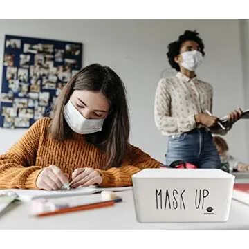 Moorfowl Face Mask Dispenser with Lid, Upgrade Size(8.2" L x 4.9" W x 3.9" H), Mask Container Storage Tabletop Face Covering Organizer Box for Home, Office, Entryways, Schools (White(Mask UP))
