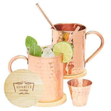 Advanced Mixology Moscow Mule Mugs Set of 2 | 100% Copper Mugs with Straws & Coasters
