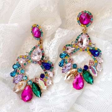 BelleKarat Rhinestone Statement Large Dangle Earrings for Women Sparkly Crystal Colorful Fashion Ear...