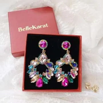 BelleKarat Rhinestone Statement Large Dangle Earrings for Women Sparkly Crystal Colorful Fashion Earrings with Earring Lifters (Multicolor)