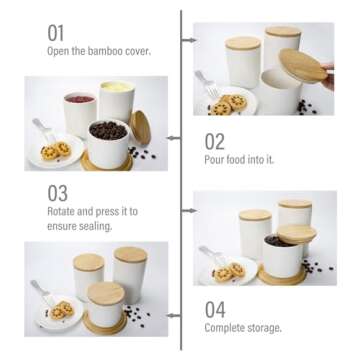 XITELIY White Ceramic Canisters Sets with Airtight Seal Bamboo Lid, Food Storage Jar for Kitchen Countertop Serving Coffee, Tea, Sugar, Spices, Salt, Flour, Dog Treats and More (Set of 3)