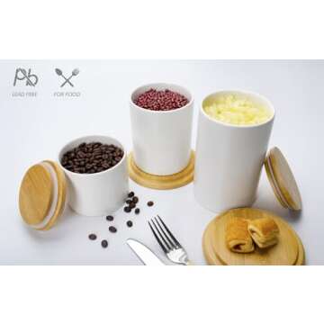 XITELIY White Ceramic Canisters Sets with Airtight Seal Bamboo Lid, Food Storage Jar for Kitchen Countertop Serving Coffee, Tea, Sugar, Spices, Salt, Flour, Dog Treats and More (Set of 3)