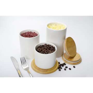 XITELIY White Ceramic Canisters Sets with Airtight Seal Bamboo Lid, Food Storage Jar for Kitchen Countertop Serving Coffee, Tea, Sugar, Spices, Salt, Flour, Dog Treats and More (Set of 3)