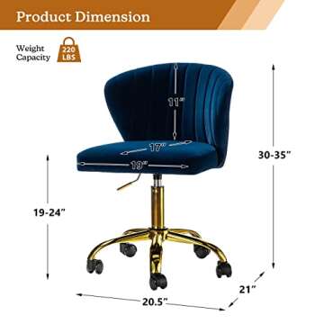 TINA'S HOME Office Desk Chairs with Wheels & Gold Base, Modern Velvet Cute Armless Office Chair, Adj...