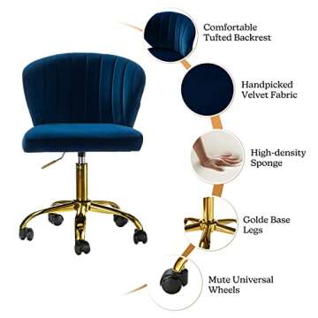 Stylish TINA'S HOME Velvet Office Chair with Wheels - Navy