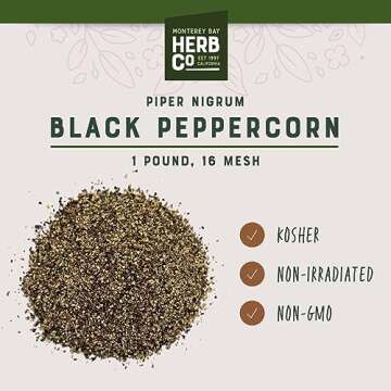 Monterey Bay Herb Co. Black Peppercorn (16 Mesh) - Premium Ground Pepper Essential Spice for Seasoning & Cooking (1lb Bag)