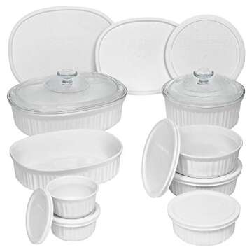 Durable Non-Porous French White 18 Piece Ceramic Made and Oven and Microwave Safe Bakeware Set with ...