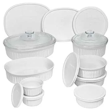 Durable Non-Porous French White 18 Piece Ceramic Made and Oven and Microwave Safe Bakeware Set with ...