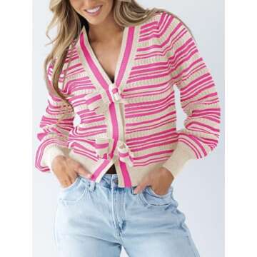 Saodimallsu Womens Striped Cropped Sweaters V Neck Cute Bow Tie Puff Sleeve Loose Knit Trendy Pullov...