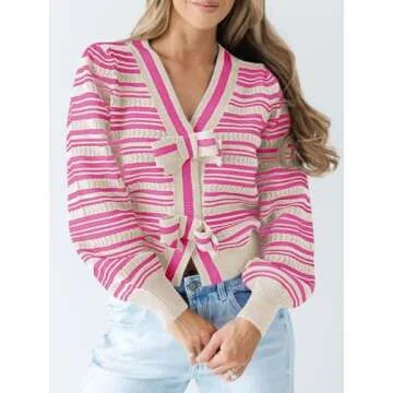 Saodimallsu Womens Striped Cropped Sweaters V Neck Cute Bow Tie Puff Sleeve Loose Knit Trendy Pullover Sweater Pink