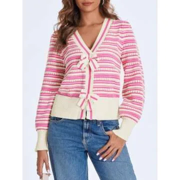 Saodimallsu Womens Striped Cropped Sweaters V Neck Cute Bow Tie Puff Sleeve Loose Knit Trendy Pullover Sweater Pink
