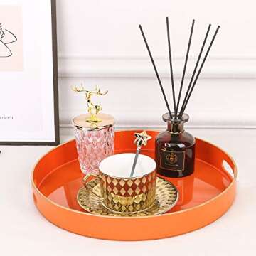Zosenley Decorative Round Plastic Tray with Handles - Modern Vanity and Serving Tray for Ottoman, Co...