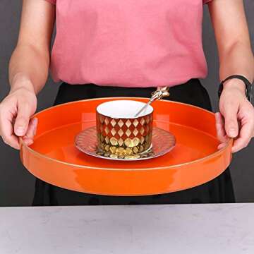 Zosenley Decorative Round Plastic Tray with Handles - Modern Vanity and Serving Tray for Ottoman, Coffee Table, Kitchen and Bathroom - Size 13' (Orange)