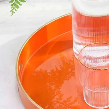 Zosenley Decorative Round Plastic Tray with Handles - Modern Vanity and Serving Tray for Ottoman, Coffee Table, Kitchen and Bathroom - Size 13' (Orange)