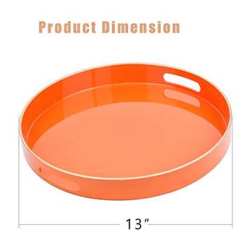 Zosenley Decorative Round Plastic Tray with Handles - Modern Vanity and Serving Tray for Ottoman, Coffee Table, Kitchen and Bathroom - Size 13' (Orange)