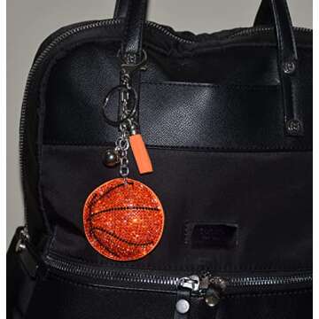 Popfizzy Basketball Keychain, Bling Backpack Charm, Rhinestone Bag Charms, Sports Keyring Key Fob
