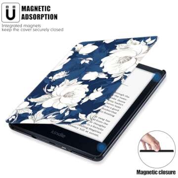 BOZHUORUI Slim Case for Kindle Paperwhite 11th Generation and Kindle Paperwhite Signature Edition eReader (6.8 inch, 2021 Release) - PU Leather Lightweight Cover with Auto Wake/Sleep (Blue Peony)