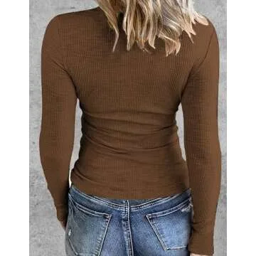 Zeagoo Tops for Women 2024 Long Sleeve Undershirt Stretch Crewneck Ribbed T-Shirt Trendy Summer Clothes Brown