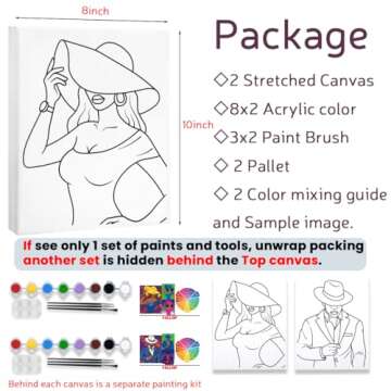 VALLSIP 2 Pack Paint and Sip Canvas Painting Kit Pre Drawn Canvas for Painting for Adults Stretched Canvas Couples Games Date Night Gentleman and Lady Paint Party Anniversary Valentines Day