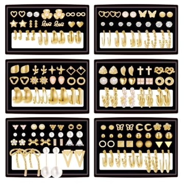82 Pairs Gold Earrings for Women Trendy, Pearl Bow Small Hoop Stud Earrings Pack, Earring Set Multip...