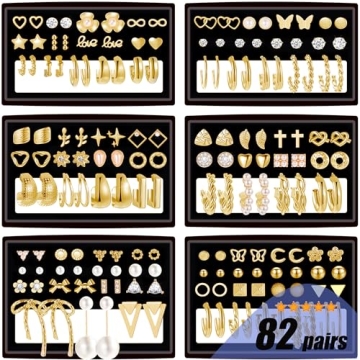 82 Pairs Gold Earrings for Women Trendy, Pearl Bow Small Hoop Stud Earrings Pack, Earring Set Multiple Piercing for Birthday Party Gift