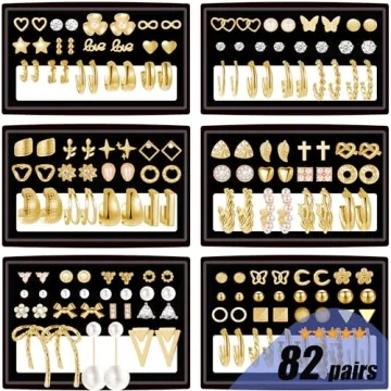 82 Pairs Gold Earrings for Women Trendy, Pearl Bow Small Hoop Stud Earrings Pack, Earring Set Multiple Piercing for Birthday Party Gift