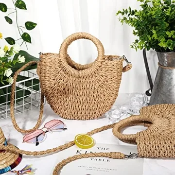 Stylish 8 Pcs Semi Circle Straw Bags for Summer