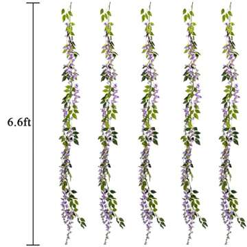 Wisteria Garland Artificial Flowers Wisteria Vine - 5Pcs Total 33ft Purple Fake Hanging Flower