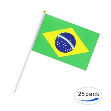 Kind Girl 25 Pack Hand Held Small Mini Flag Brazil Flag Brazilian Stick Flag Round Top National Country Flags,Party Decorations Supplies for Parades,World Cup,Festival Events,International Festival
