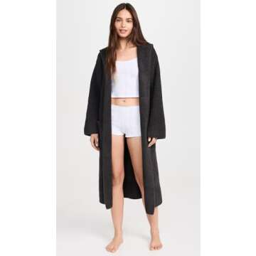Barefoot Dreams CozyChic Ribbed Hooded Robe, Plush Pool Robe, Long Night Robe, Chic Robe, Classy Robe, Carbon, 2