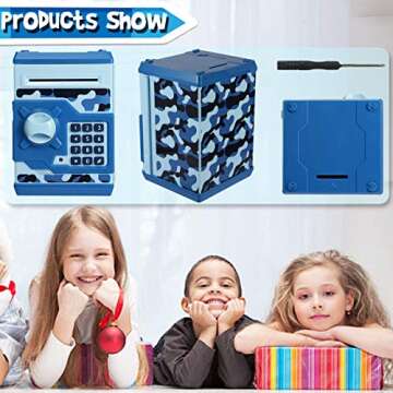 Yoego Kids Money Bank, Electronic Piggy Banks, Great Gift Toy for Kids Children, Auto Scroll Paper Money Saving Box Password Coin Bank,Perfect Toy Gifts for Boys Girls (Blue Camo)