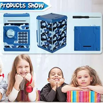 Yoego Kids Money Bank, Electronic Piggy Banks, Great Gift Toy for Kids Children, Auto Scroll Paper Money Saving Box Password Coin Bank,Perfect Toy Gifts for Boys Girls (Blue Camo)