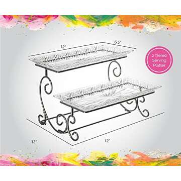 Godinger Silver Art Dublin 2 Tiered Glass Buffet Serving Tray - Chrome Plated Platter Stand with Sta...