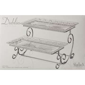 Godinger Silver Art Dublin 2 Tiered Glass Buffet Serving Tray - Chrome Plated Platter Stand with Starburst Design - Party and Event Dessert and Food Display Server