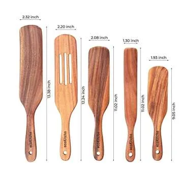 Spurtles Kitchen Tools Wooden, Wooden Spurtle Set of 5, Peanut Butter Stirrer Tool as seen on Tv Products, Wooden Spoons for Cooking Made of Finest Acacia, Spatulas for Kitchen (Bonus silicone Brush)
