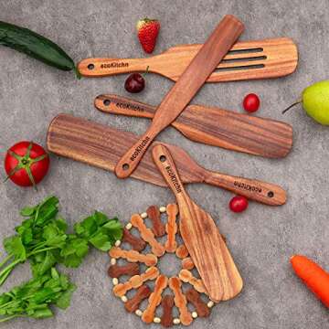 Spurtles Kitchen Tools Wooden, Wooden Spurtle Set of 5, Peanut Butter Stirrer Tool as seen on Tv Products, Wooden Spoons for Cooking Made of Finest Acacia, Spatulas for Kitchen (Bonus silicone Brush)